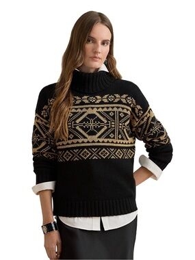 Ralph Lauren Black and Gold Patterned Turtleneck Sweater